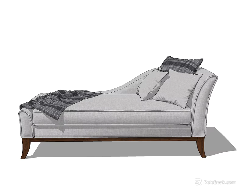Light Gray Chaise Lounge With Plaid Blanket And Wooden Legs And Soft Cushions 3d model 