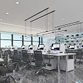 Modern Public Office Space with Desks Chairs Sofa Green Wall And Circular Ceiling Light