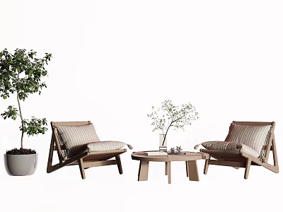 Comfortable Wooden Outdoor Chairs With Striped Cushions And Coffee Table With Plants In Outdoor Space 3d model