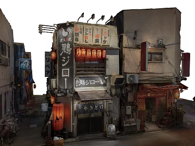 Cartoon Japanese Street Scene with Traditional Shop Signs Lanterns and Buildings 3d model