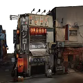 Cartoon Japanese Street Scene with Traditional Shop Signs Lanterns and Buildings
