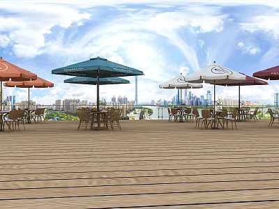Outdoor Tables With Colorful Umbrellas On Wooden Deck And City View 3d model