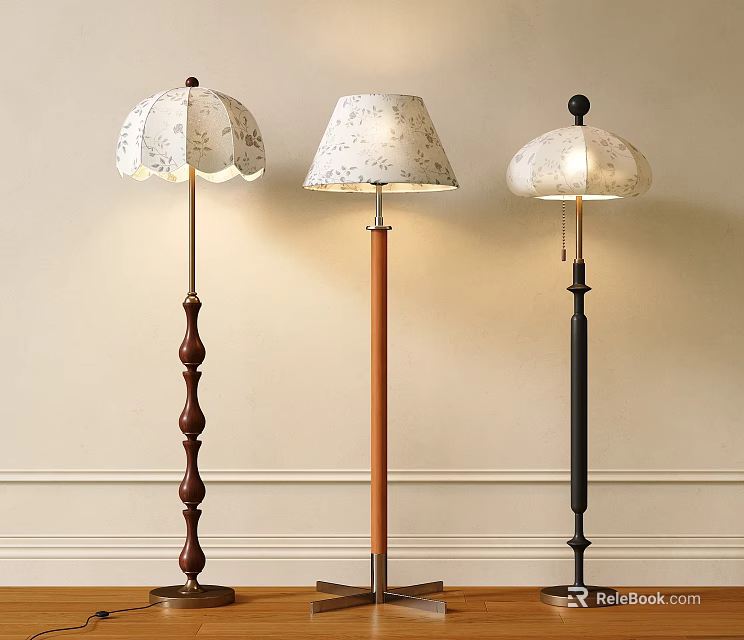 Three Stylish Floor Lamps with Patterned Lampshades and Varied Stand Materials for Modern Interior 3d model 