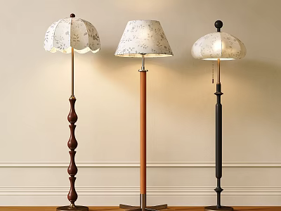 Three Stylish Floor Lamps with Patterned Lampshades and Varied Stand Materials for Modern Interior 3d model