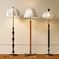 Three Stylish Floor Lamps with Patterned Lampshades and Varied Stand Materials for Modern Interior