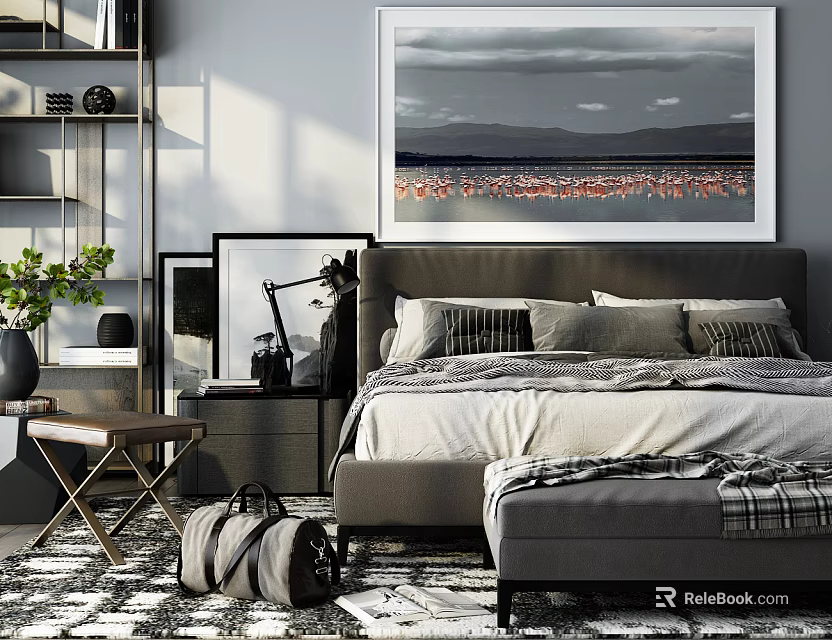 Modern Double Bed In Bedroom With Flamingo Art Nightstand And Table Lamp 3d model 