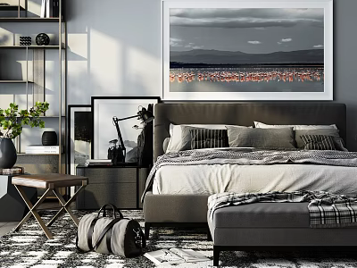 Modern Double Bed In Bedroom With Flamingo Art Nightstand And Table Lamp 3d model