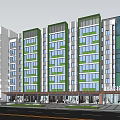 Rural Self Built Multi Storey Building With Green Gray Exterior And Ground Floor Shops