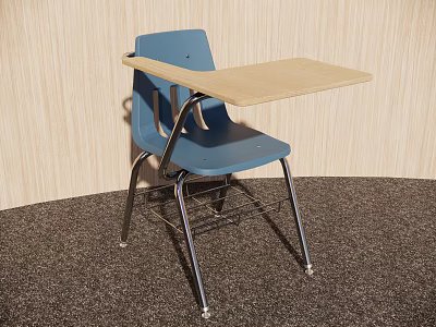 Student Functional Desk With Wooden Tabletop Metal Frame And Blue Chair Set 3d model