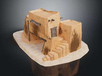 Traditional Adobe Building Model with Stairs Wooden Beams and Small Door Structure 3d model