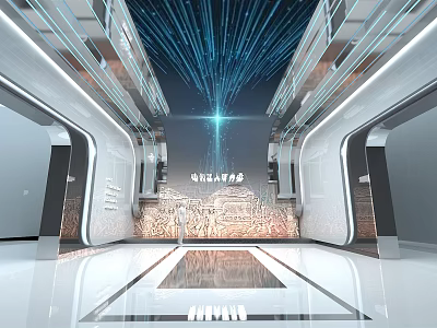 Futuristic Interior Space With Blue Light Beams Modern Architecture And Reflective Floor 3d model
