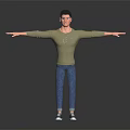 Male Character Standing In Green Long Sleeve Shirt Blue Jeans With Outstretched Arms Dark Background 3d model