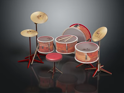 Professional Wooden Drum Set With Red Stands Gold Cymbals And Red Stool 3d model