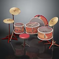 Professional Wooden Drum Set With Red Stands Gold Cymbals And Red Stool