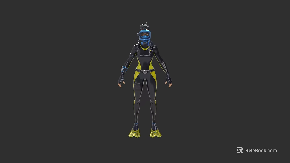 Black And Yellow Diving Suit With Fitted Design Diving Mask And Flippers 3d model 