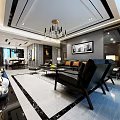 Modern Living And Dining Room Interior With Sofa Coffee Table TV And Chandelier