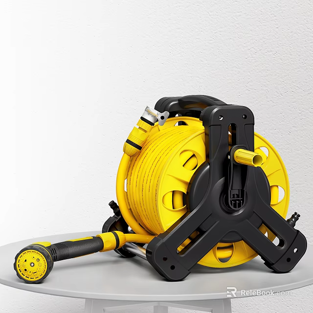Yellow Faucet Hose Reel with Black Stand and Flexible Nozzle Design 3d model 