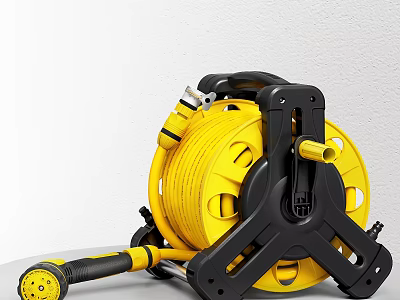 Yellow Faucet Hose Reel with Black Stand and Flexible Nozzle Design 3d model