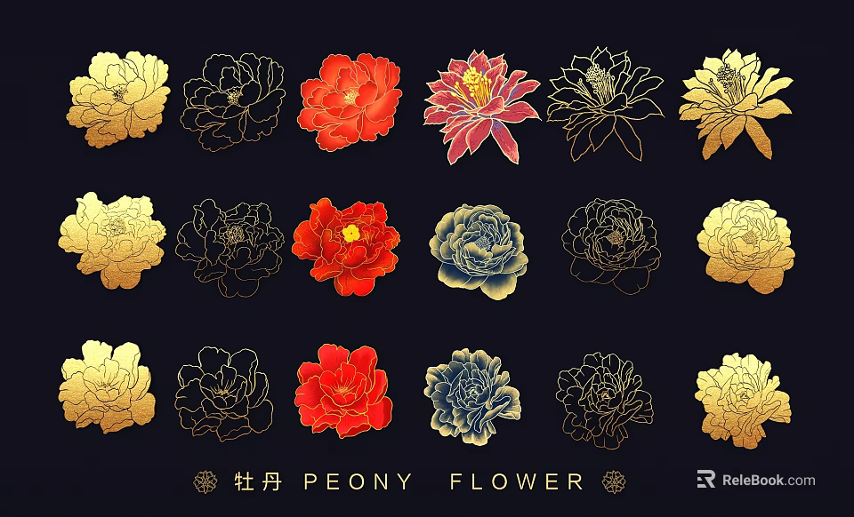 Colorful Peony Flower Wall Decor Featuring Various Styles And Gold Red Blue Designs 3d model 