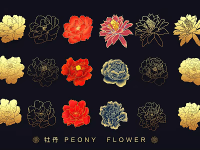 Colorful Peony Flower Wall Decor Featuring Various Styles And Gold Red Blue Designs 3d model
