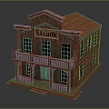 Vintage Saloon Building With Wooden Structure Red Roof Balcony Black Frame Windows And Saloon Sign