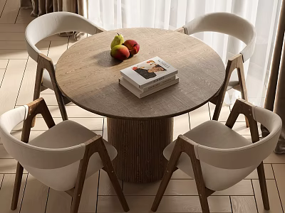 Wooden Flooring In Sunlit Dining Space With Round Wooden Table White Chairs Fruits And Book 3d model