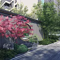 Elegant Landscaped Feature Wall Pathway With Tall Trees And Residential Building