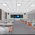 Bright Spacious School Classroom With Desks Chairs Blackboard Screen Windows And Ceiling Lights