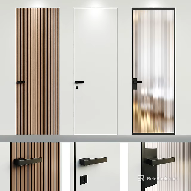 Modern Hinged Doors Design With Wooden Stripe White Slab And Striped Glass Handles 3d model 