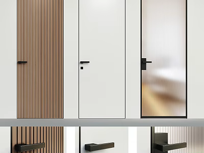 Modern Hinged Doors Design With Wooden Stripe White Slab And Striped Glass Handles 3d model