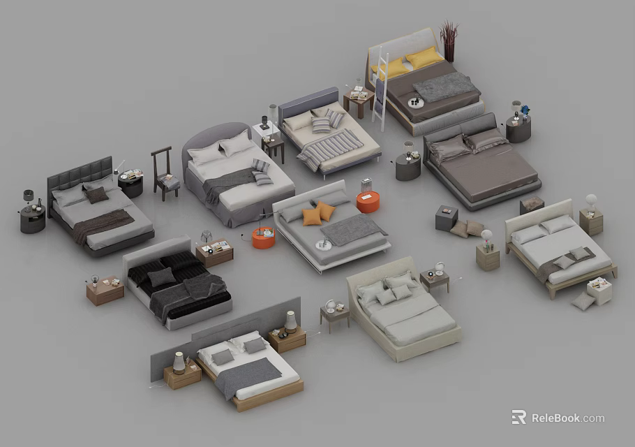 Multiple Double Bed Designs With Bedside Tables Lamps And Bedding In Various Styles 3d model