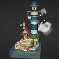 Cartoon Scene with Lighthouse Small House Flying Birds Clouds and Water Around Island