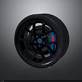 Car Wheel Tire Design With Black Rim Blue Accents And Red Center Logo