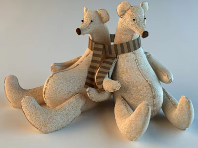 Two Beige Fabric Stuffed Bear Toys With Striped Scarves In Sitting Posture 3d model