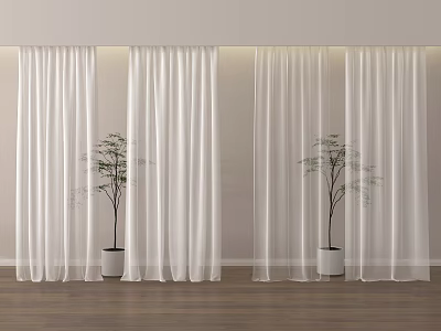 Elegant White Sheer Curtains With Potted Plants Against Light Wall And Wooden Floor 3d model