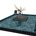 Garden Ornament Dragonfly Sculpture With Golden Wings Stone Base On Square Slab In Water Pool