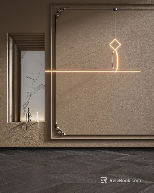 Modern Geometric Pendant Light Fixture For Living Room With Linear Glow And Beige Wall 3d model 