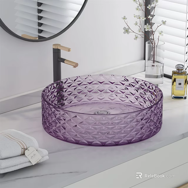 Round Purple Diamond Textured Glass Washbasin With Black Faucet On Bathroom Countertop 3d model 