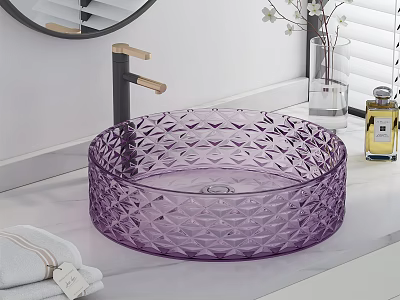 Round Purple Diamond Textured Glass Washbasin With Black Faucet On Bathroom Countertop 3d model