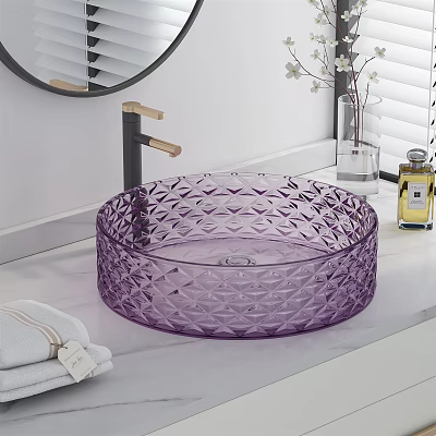Round Purple Diamond Textured Glass Washbasin With Black Faucet On Bathroom Countertop 3d model