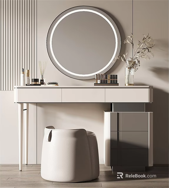 Modern Minimalist Vanity Dressing Table With Round Mirror Skincare Items And Flower Vase 3d model 