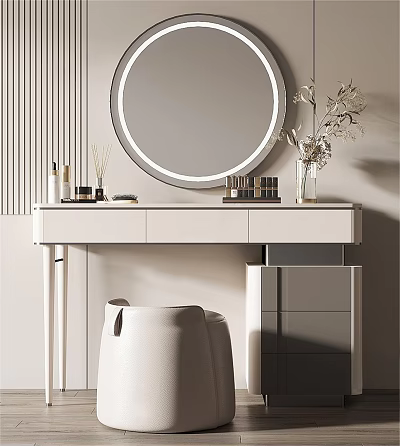 Modern Minimalist Vanity Dressing Table With Round Mirror Skincare Items And Flower Vase 3d model