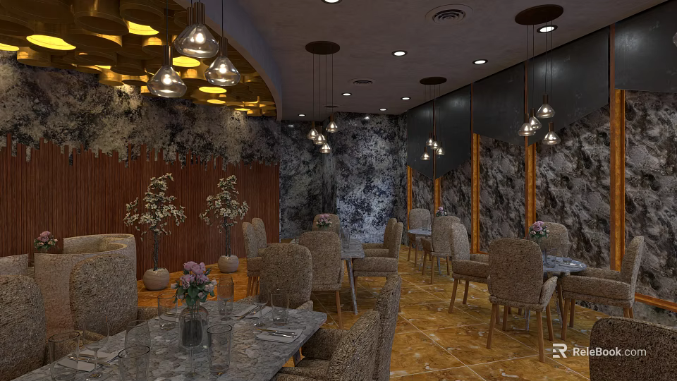 Elegant Restaurant Interior Design With Pendant Lights Tables Chairs And Decorative Walls 3d model 