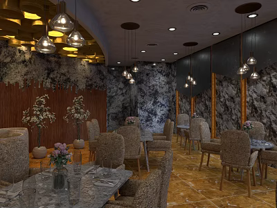 Elegant Restaurant Interior Design With Pendant Lights Tables Chairs And Decorative Walls 3d model