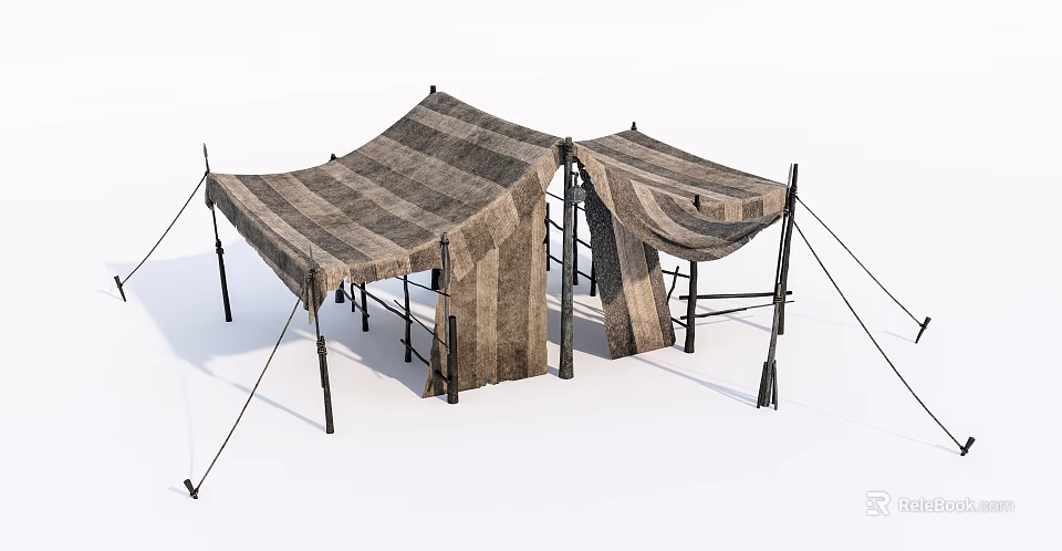 Two Striped Fabric Tents With Metal Frame And Support Ropes For Outdoor Use 3d model 