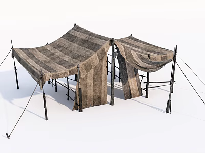Two Striped Fabric Tents With Metal Frame And Support Ropes For Outdoor Use 3d model