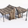 Two Striped Fabric Tents With Metal Frame And Support Ropes For Outdoor Use