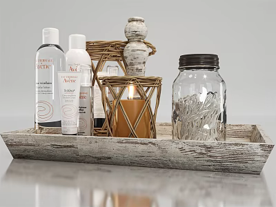 Stylish Bathroom Accessories With Lotion Candle Glass Jar And Wooden Tray 3d model