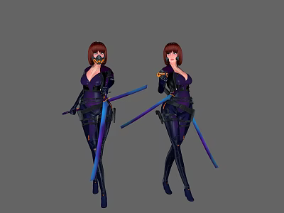 Two Red Haired Female Characters In Black Tight Suits With Glowing Blue Purple Sticks 3d model