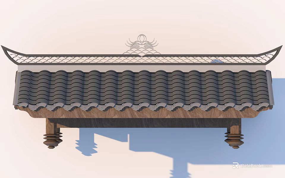 Traditional Building Exterior Wall Featuring Tile Roof Wooden Eave and Ornate Patterns 3d model 